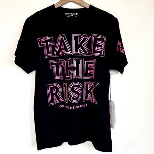 NWT Seven Souls Black T-Shirt “Take The Risk” Pink Print Size S Men’s